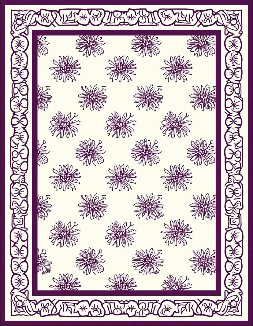 Floral Bordered Repeating Bloom Pattern Rug