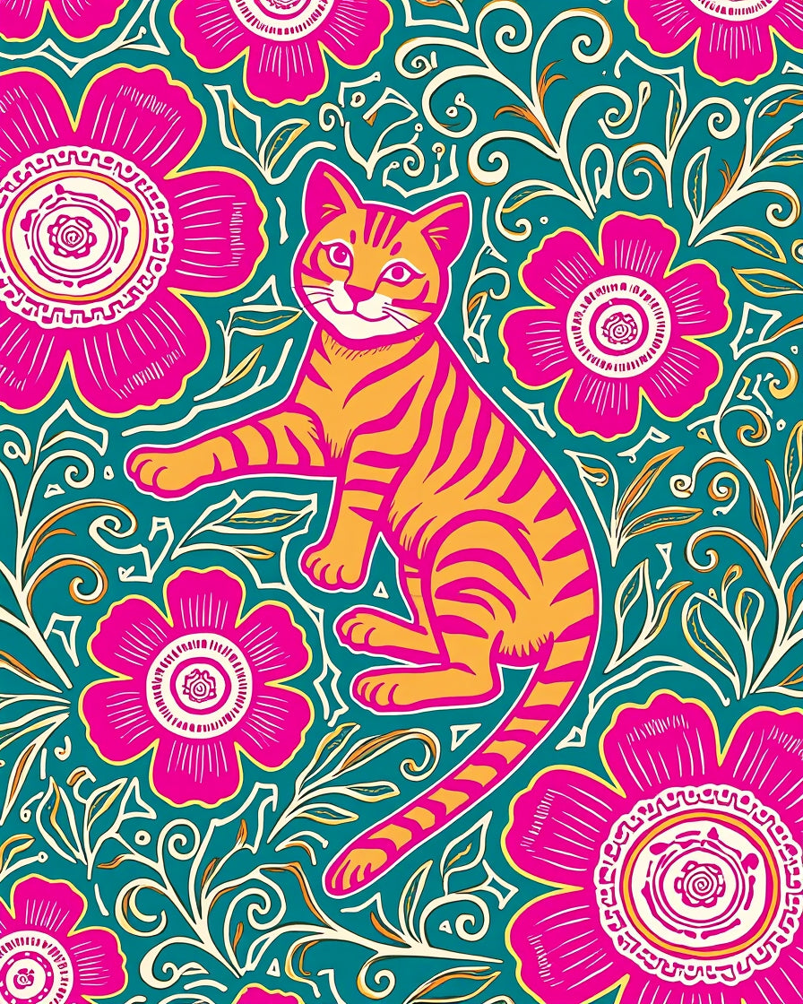 Vibrant Cat Floral Whimsical Pattern Design Rug