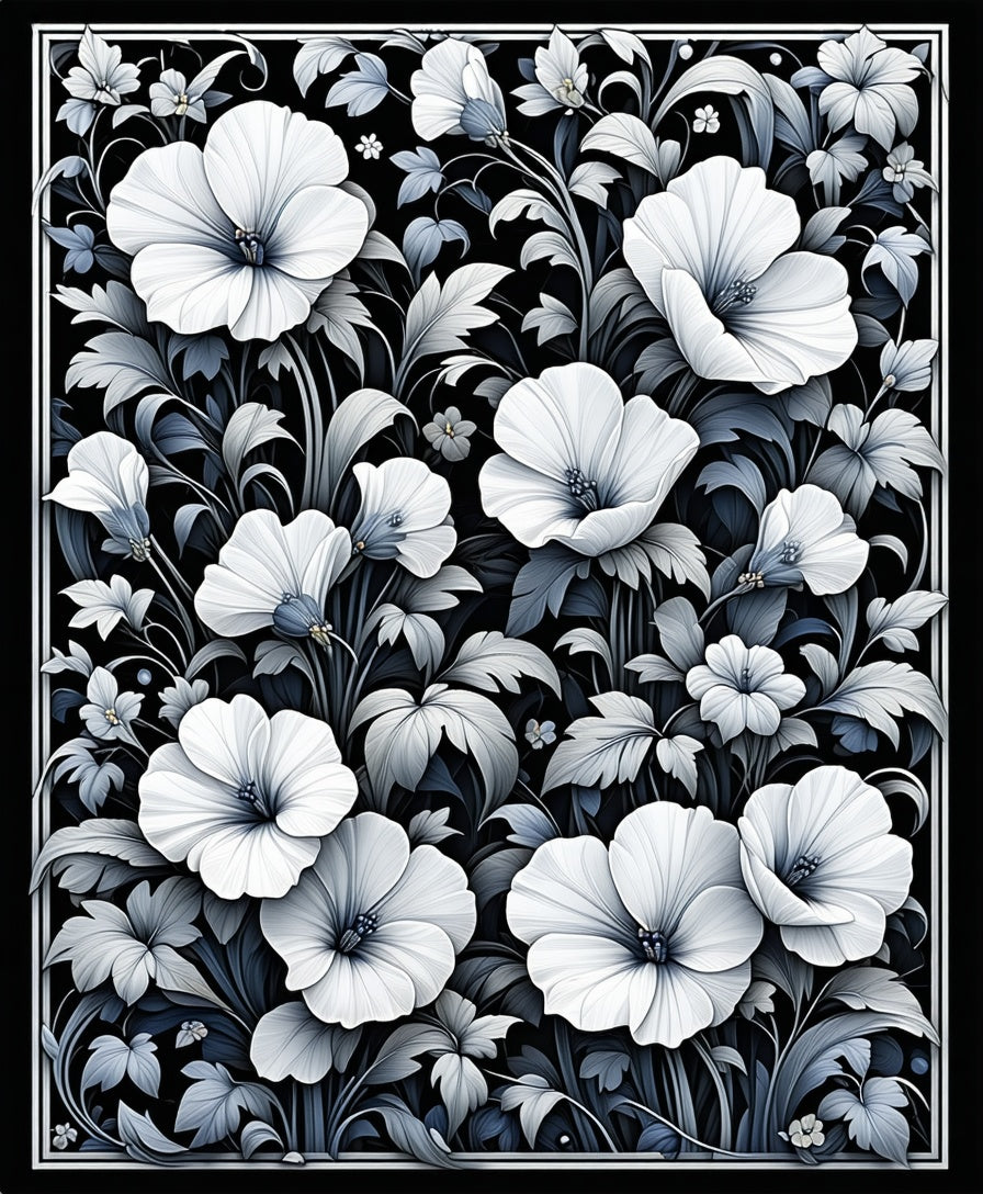 Delicate Floral Patterned Monochrome Rug