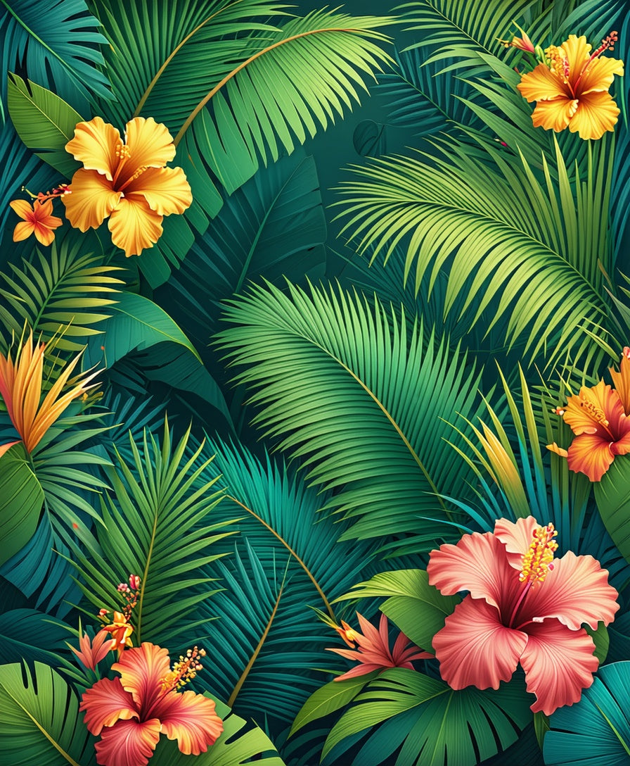 Tropical Palm Leaf and Hibiscus Floral Rug