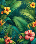 Tropical Palm Leaf and Hibiscus Floral Rug
