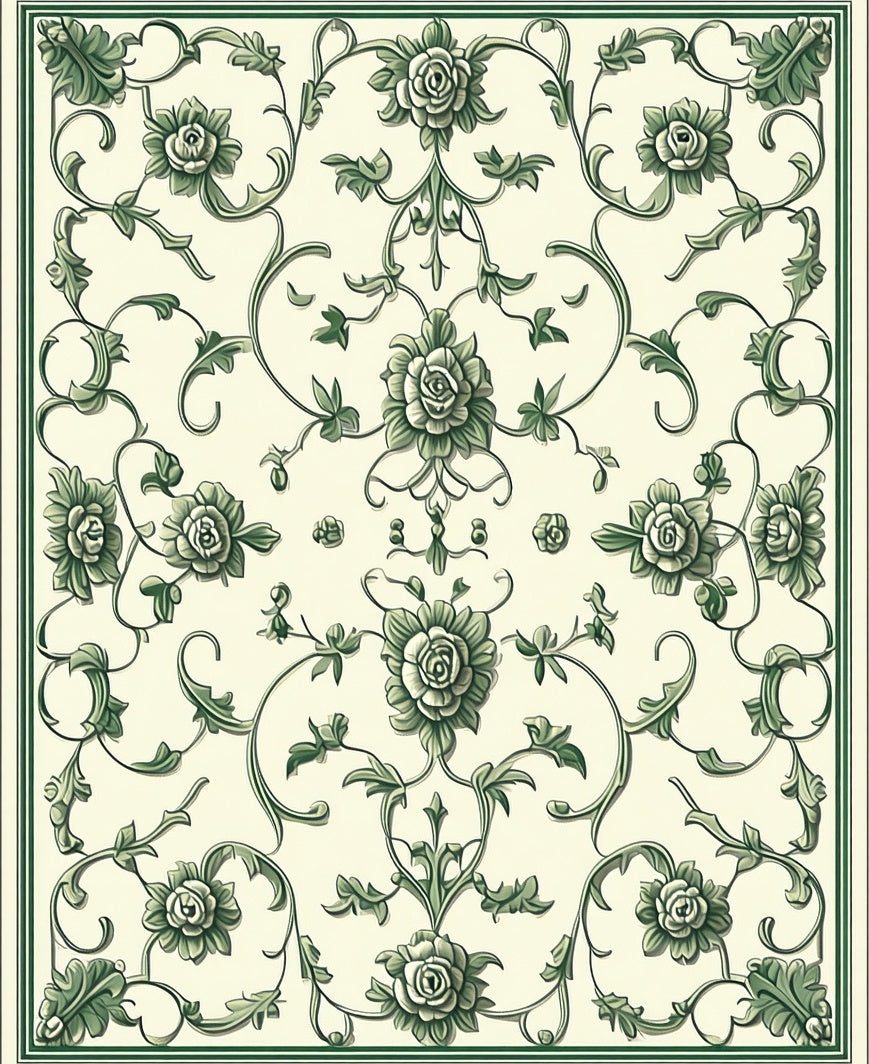 Ornate Green Floral Vine Pattern Rug