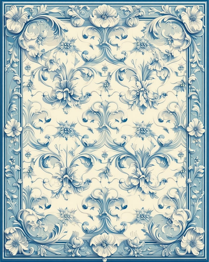 Elegant Blue White Floral Pattern Rug