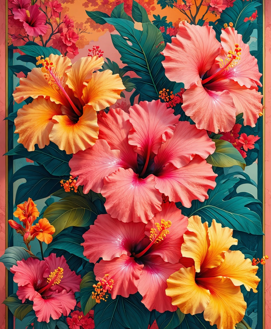 Tropical Hibiscus Floral Pattern Rug