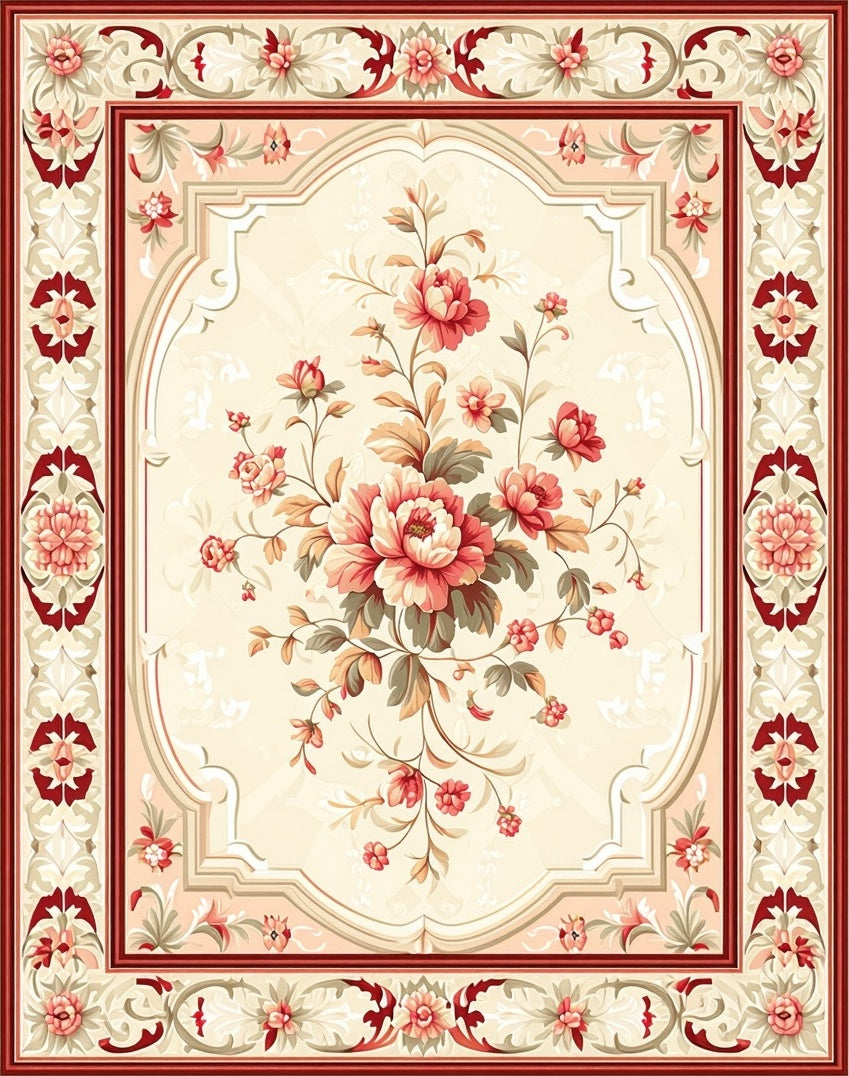Traditional Floral Design with Red Border Rug