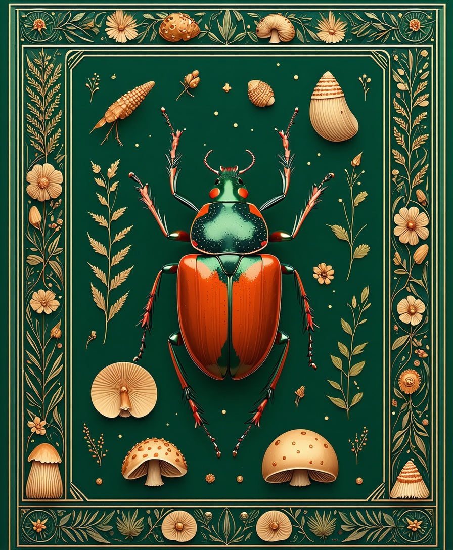 Green Whimsical Beetle Mushroom Delight Rug