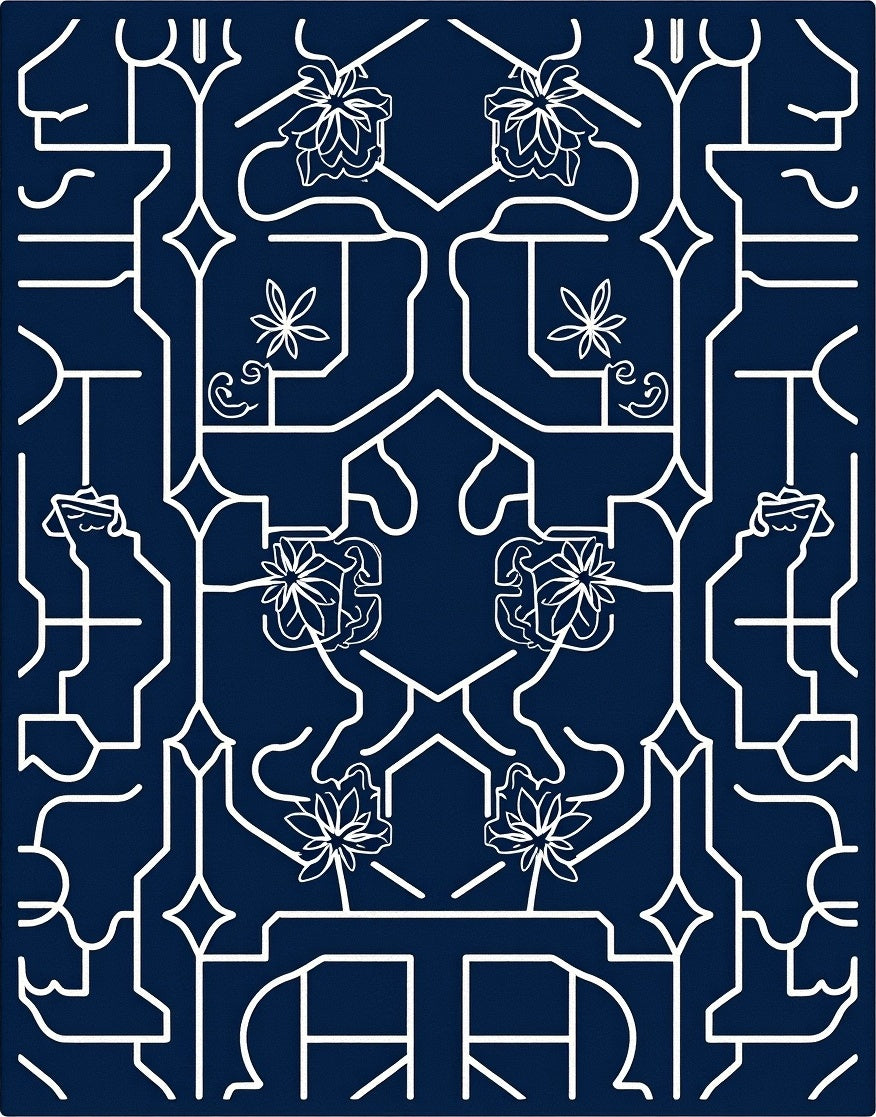 Navy White Floral Gate Composition Rug