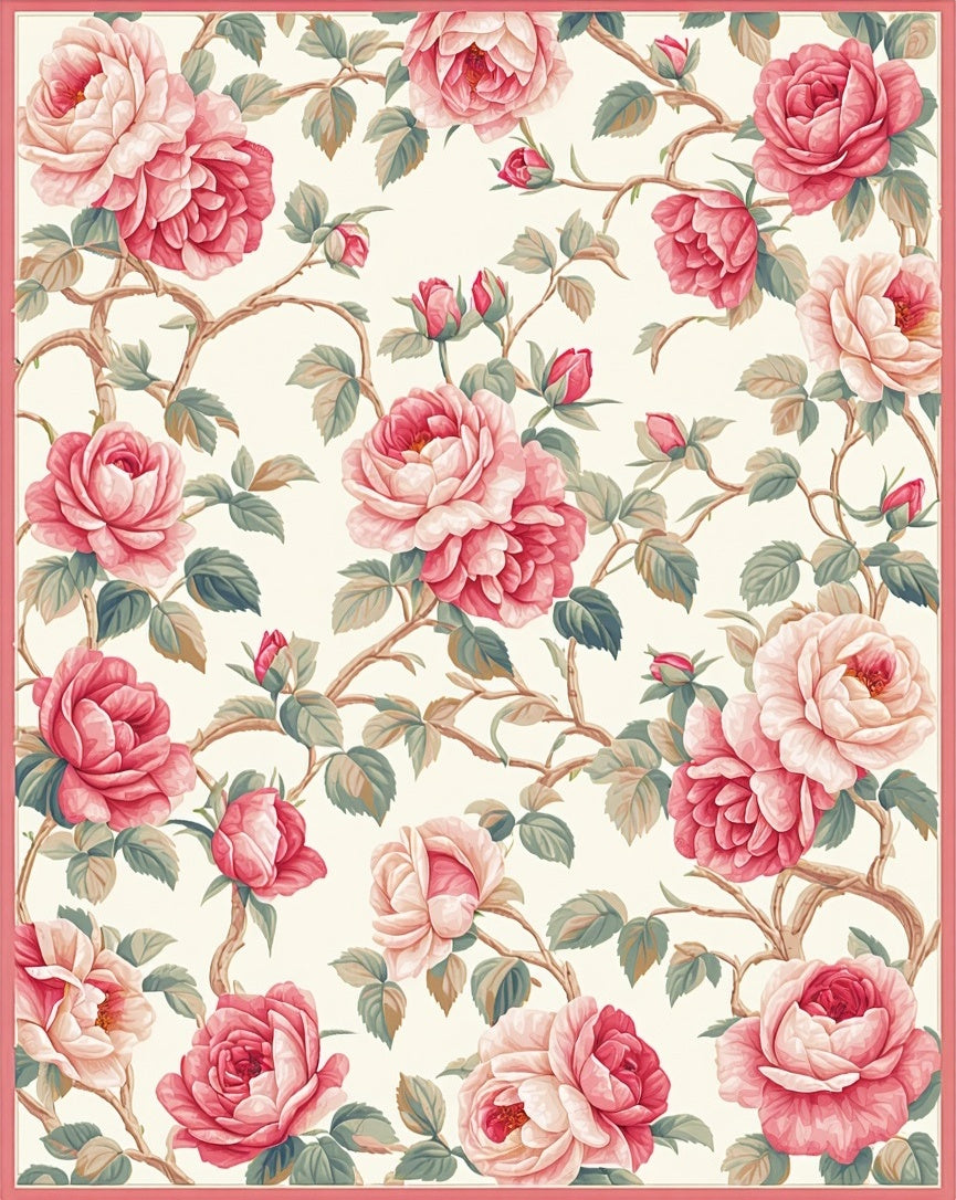 Pink Roses Vine Pattern Rug
