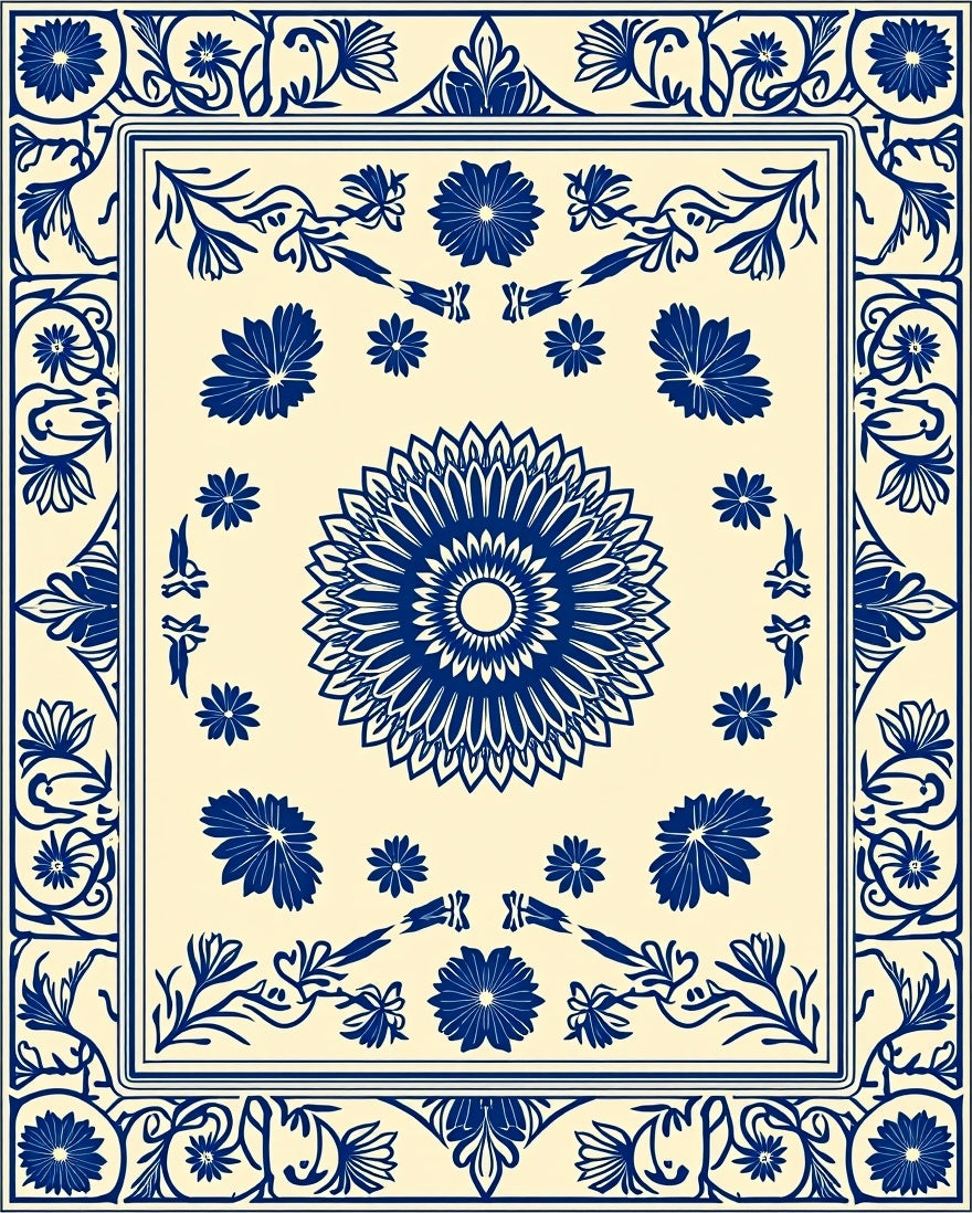 Classic Blue Floral Mandala Pattern Rug