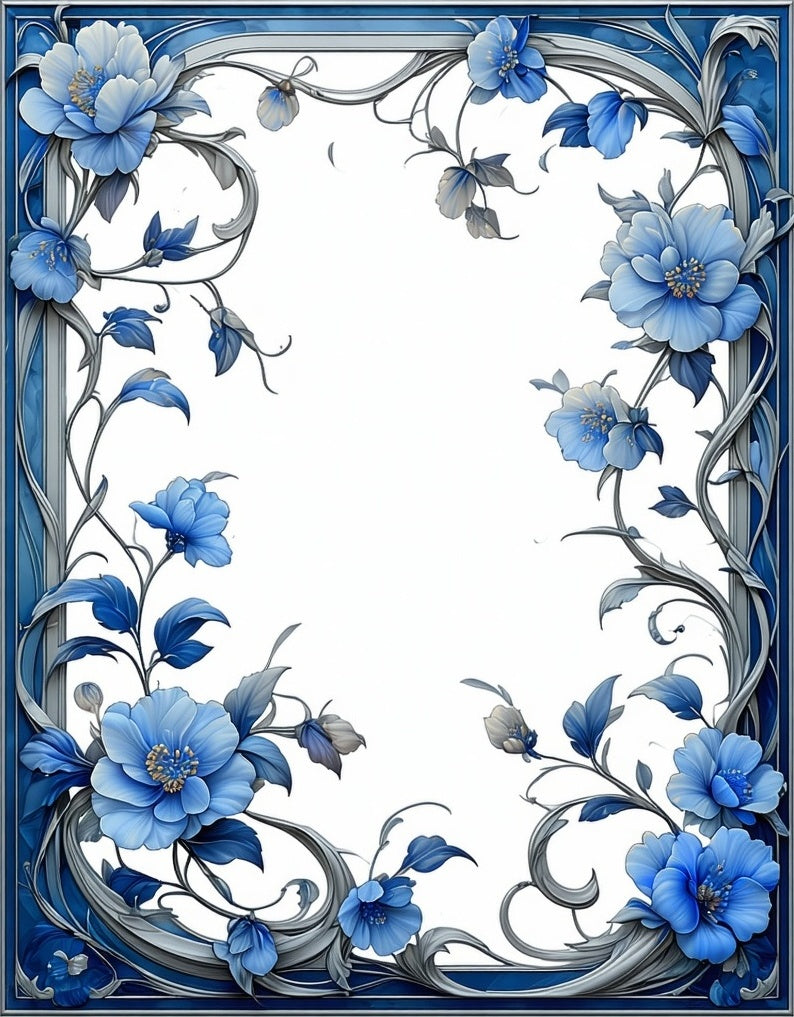 Blue Floral Swirls Border Design Rug