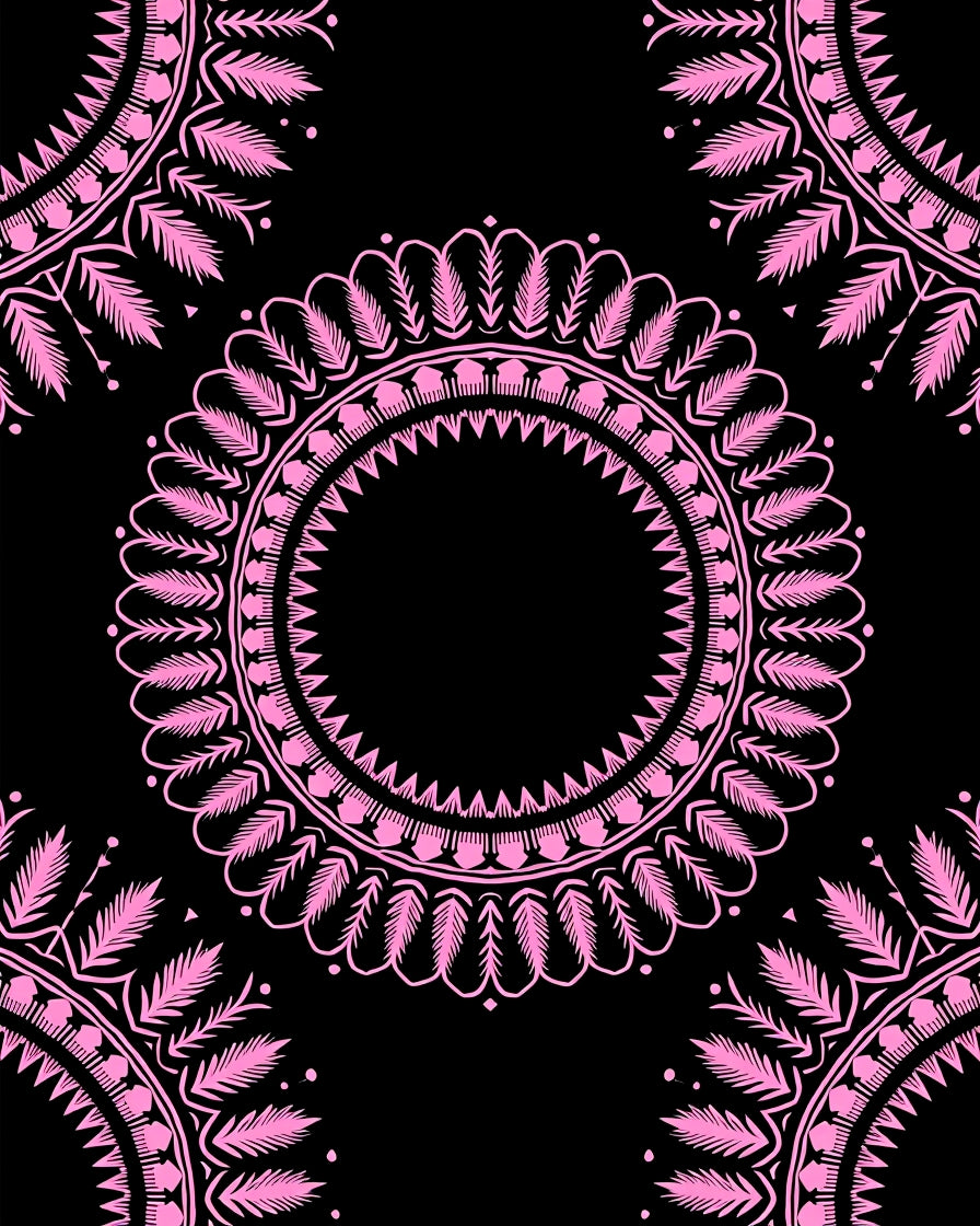 Pink Medallion Foliage Black Contemporary Rug