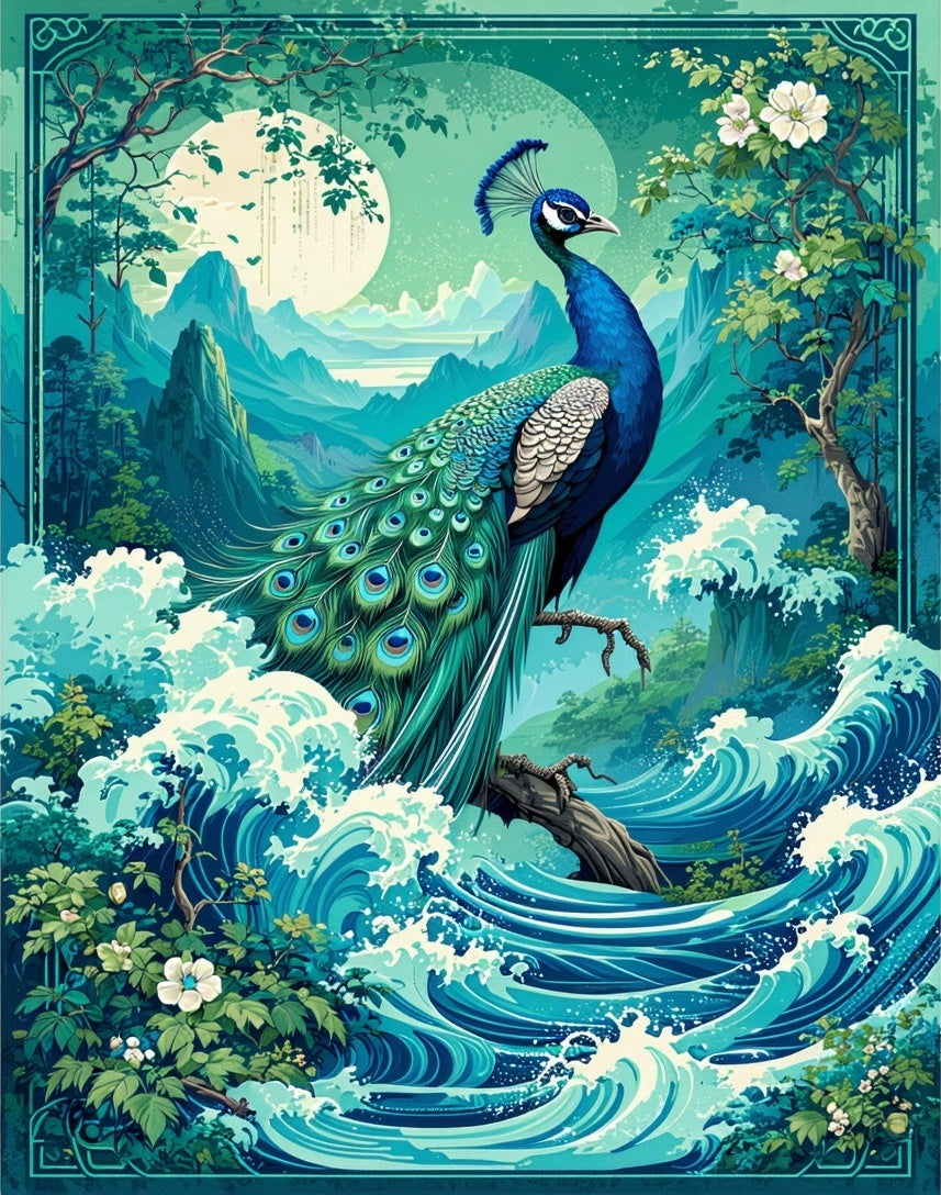 Majestic Peacock Waterscape Scenic Design Rug