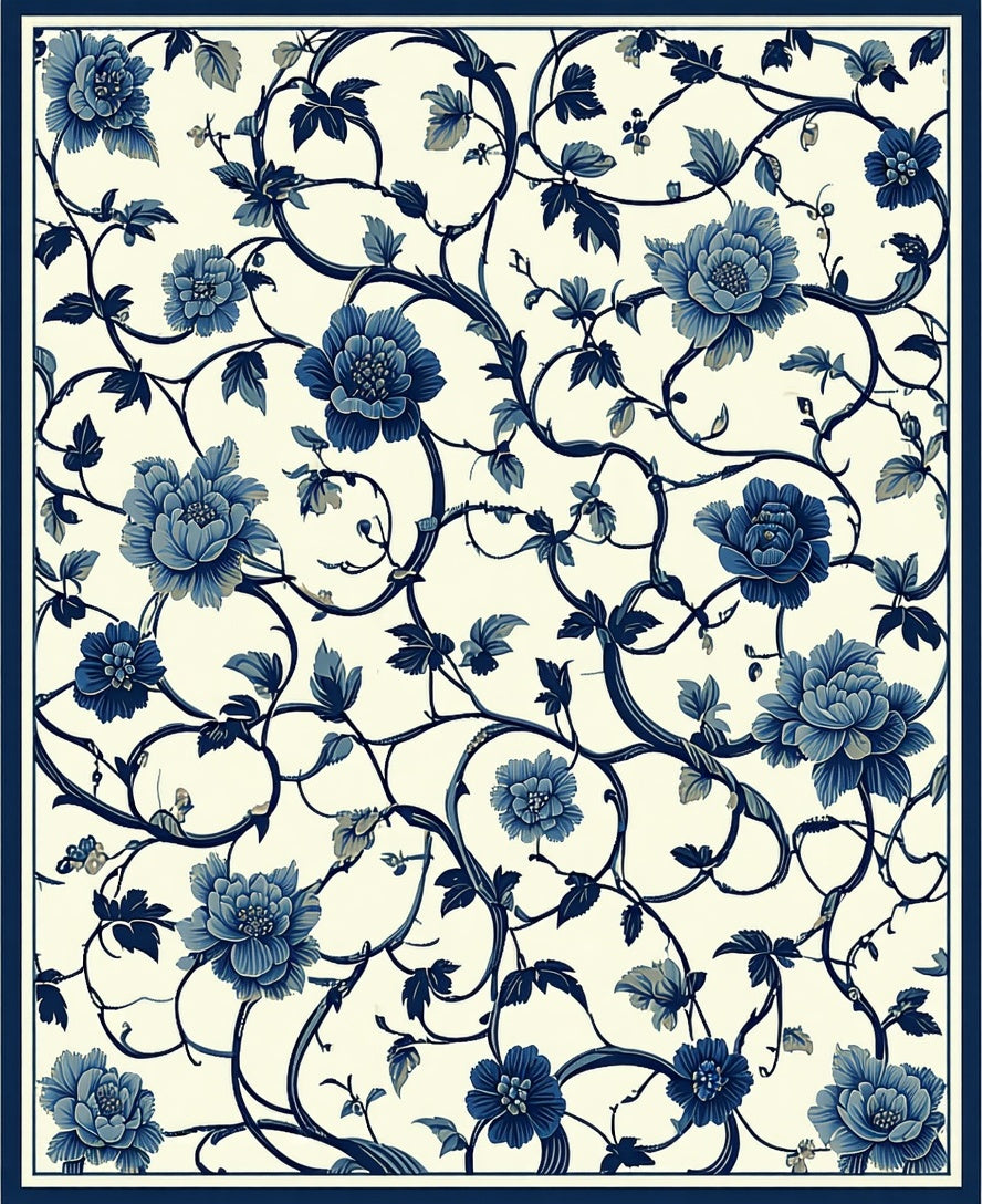 Classic Blue Floral Vine Pattern Rug