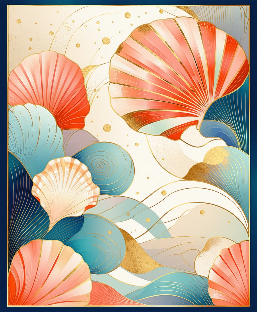Coral Seashell Waves With Gold Accents Rug