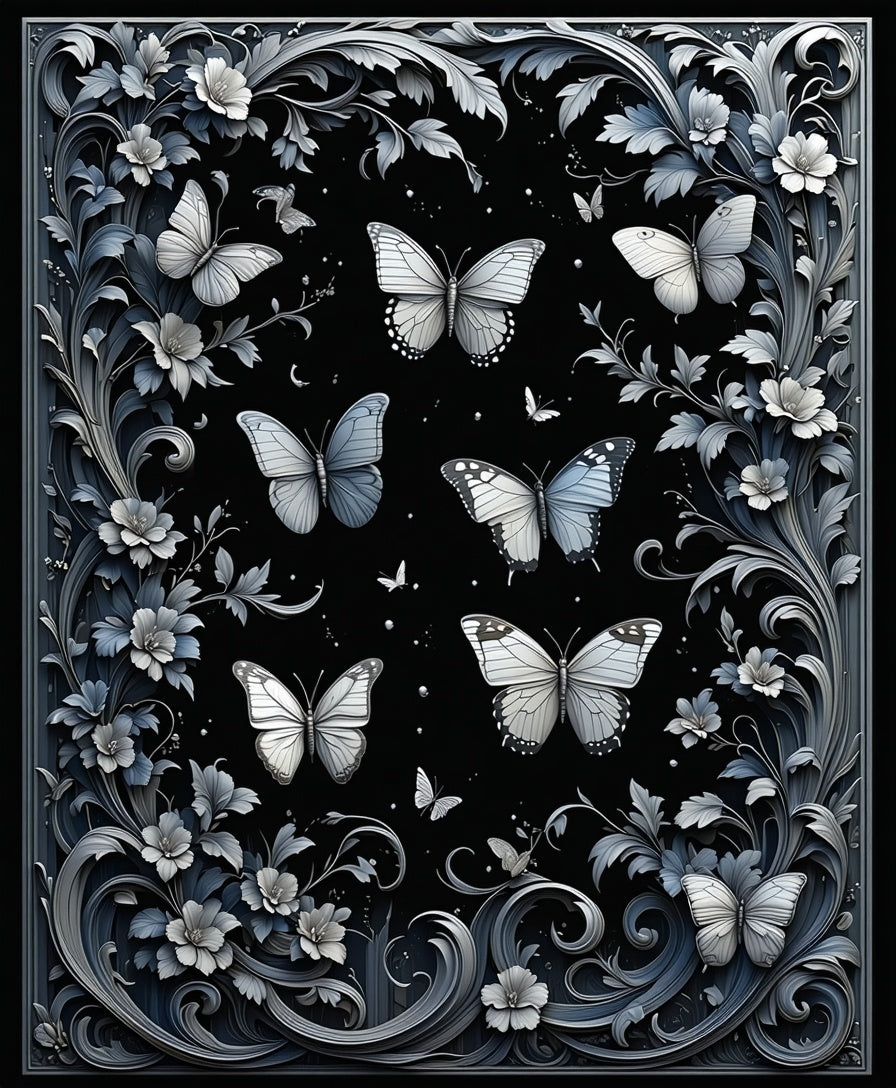 Elegant Silver Butterfly Floral Design Rug