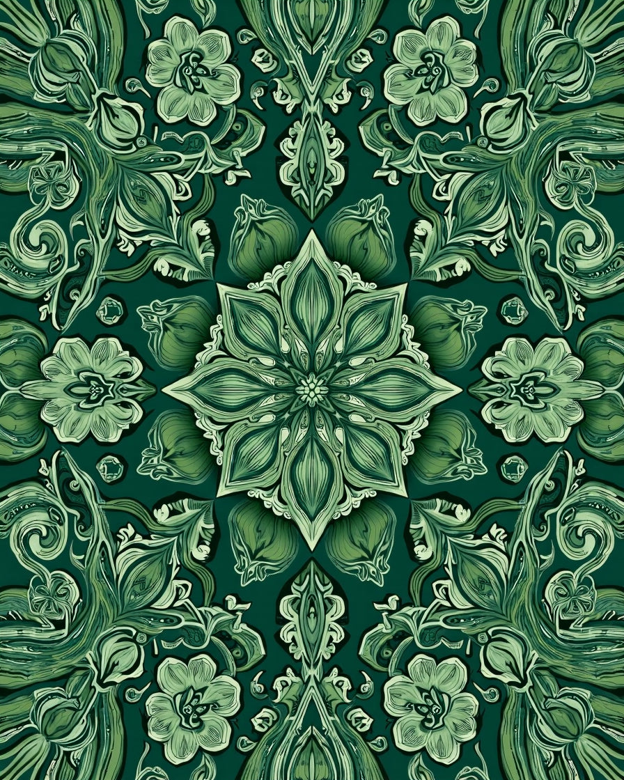 Intricate Green Floral Medallion Pattern Rug