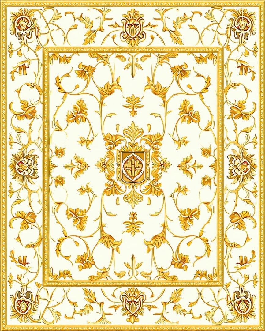 Gold Floral Scroll Border Design Rug