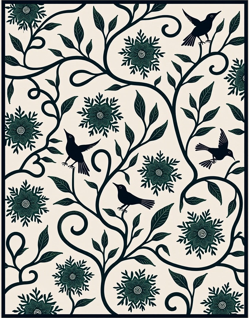 Whimsical Birds Floral Vine Pattern Rug