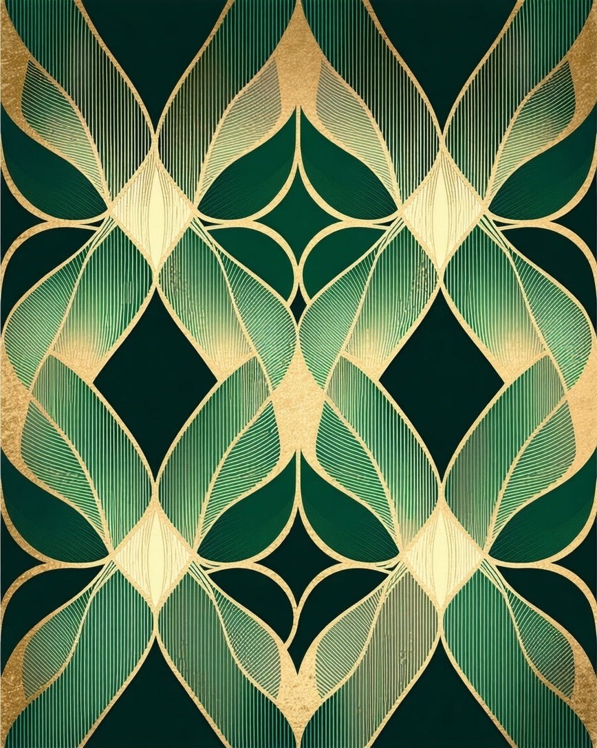 Art Deco Golden Green Leaf Pattern Rug