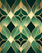 Art Deco Golden Green Leaf Pattern Rug