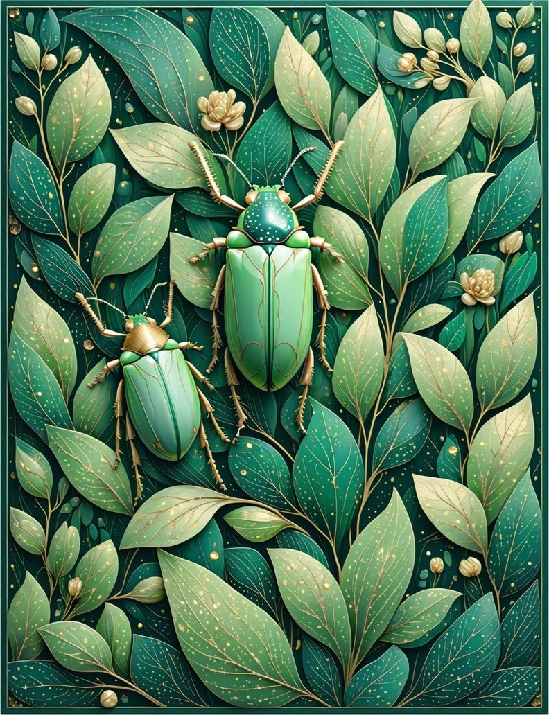Green Insects Leafy Botanical Pattern Rug
