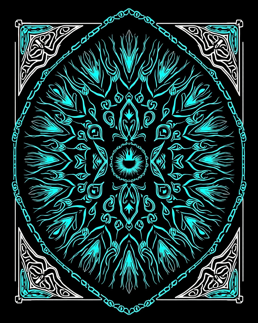 Symmetrical Cyan Abstract Mandala Design Rug