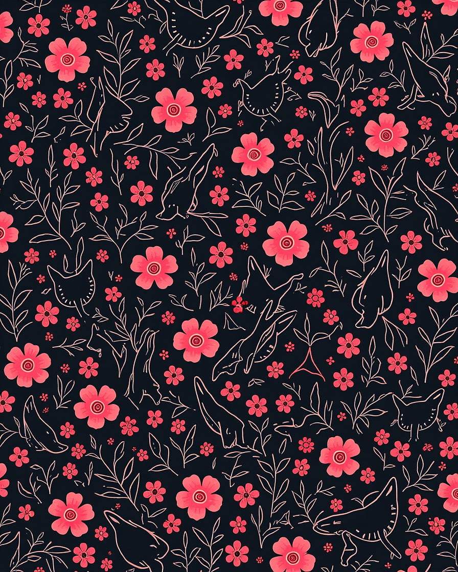 Whimsical Pink Floral Animal Pattern Rug