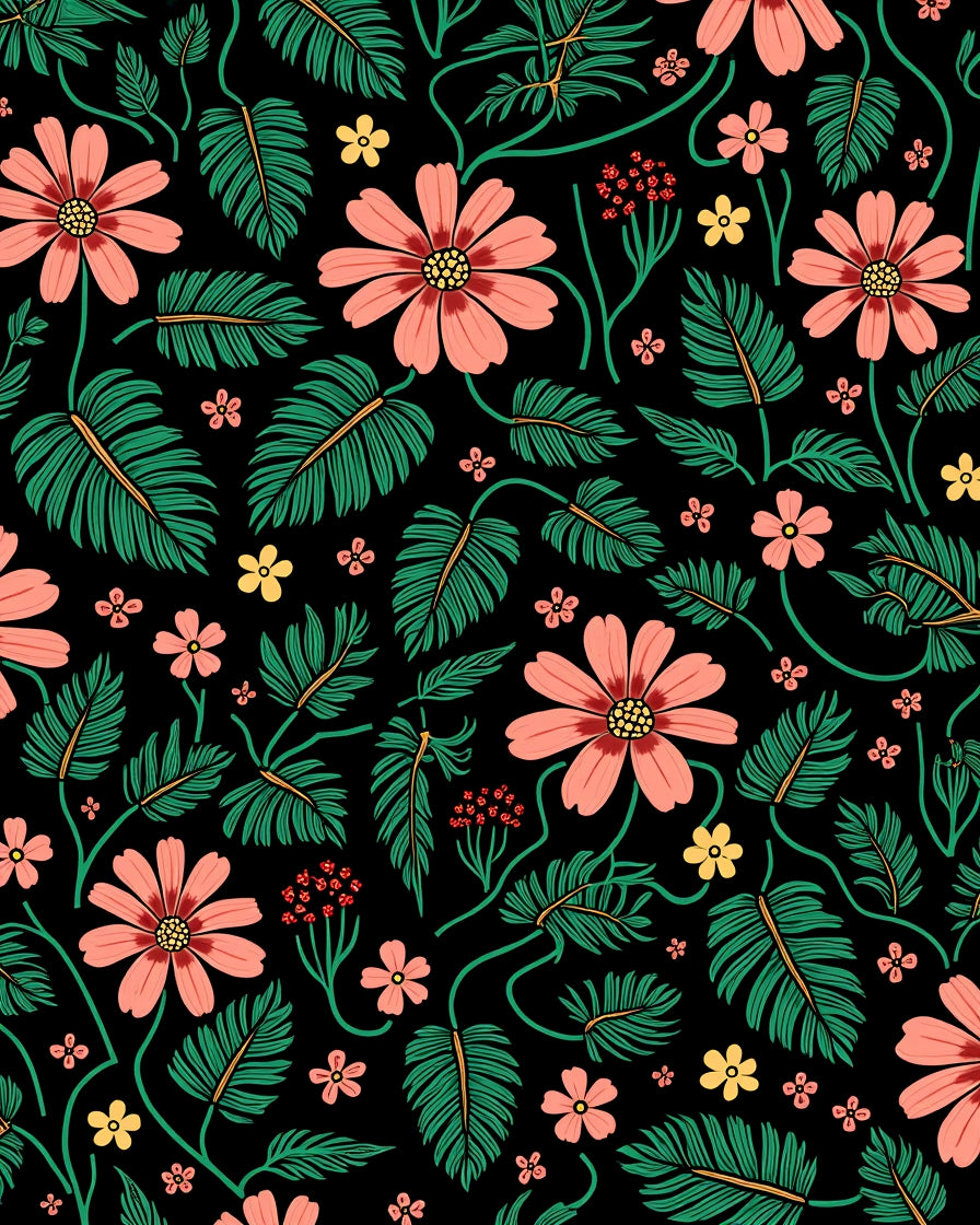 Vibrant Floral Design On Black Canvas Rug