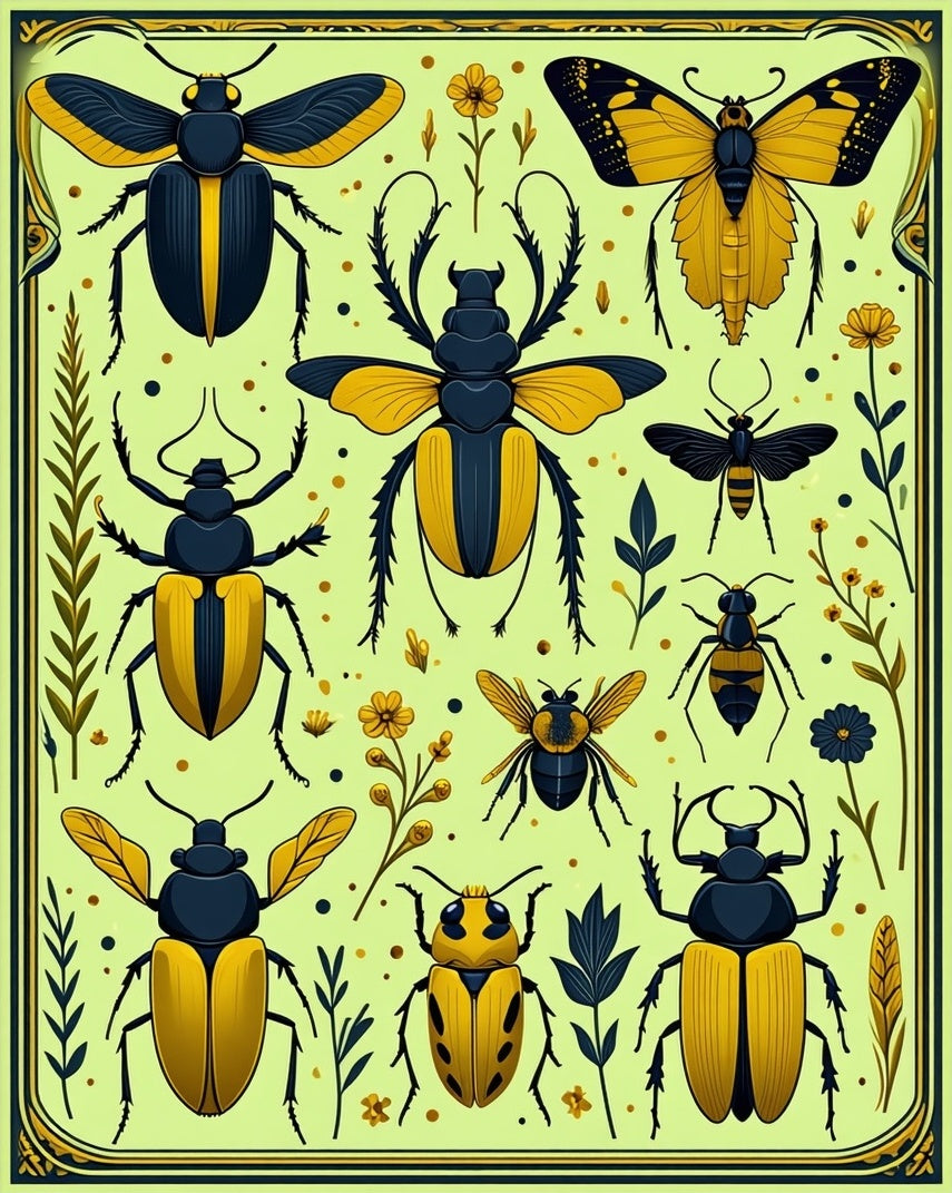 Bold Black Yellow Insect Garden Pattern Rug