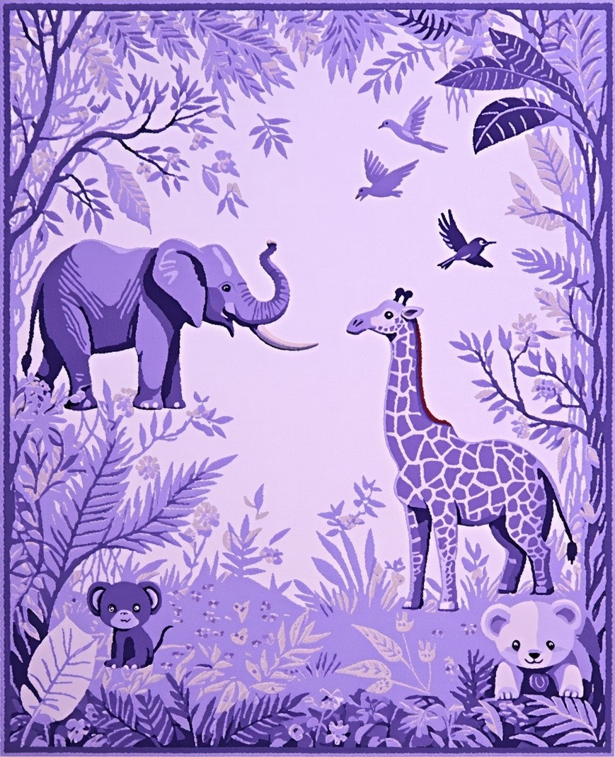 Whimsical Jungle Animals Purple Design Rug