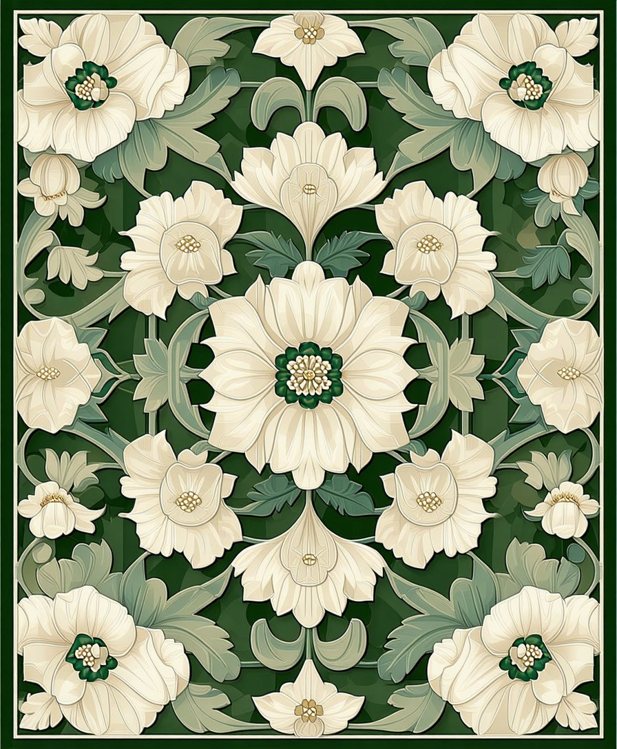 Cream Floral Patterned Art Nouveau Rug