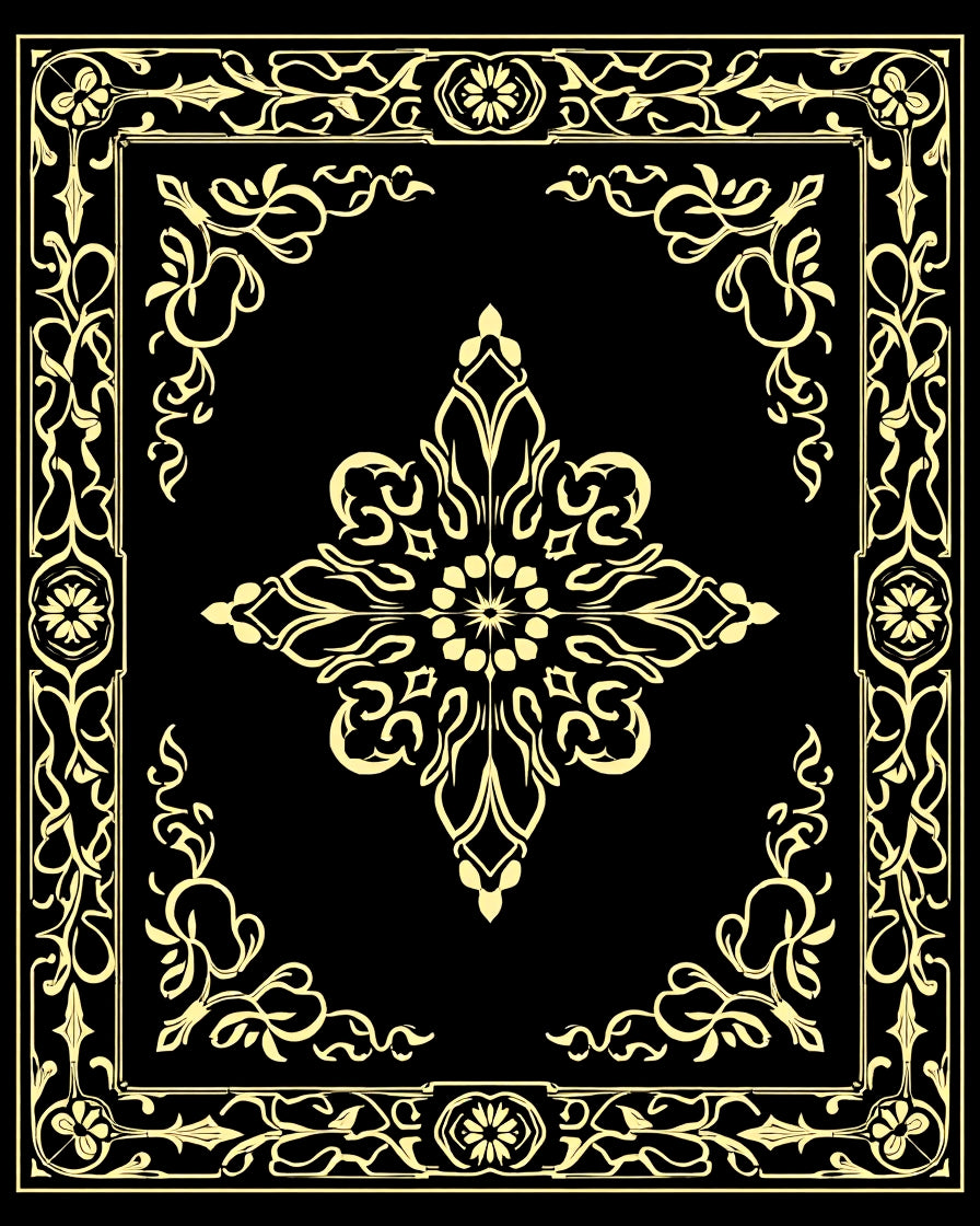 Ornate Black Gold Floral Frame Rug
