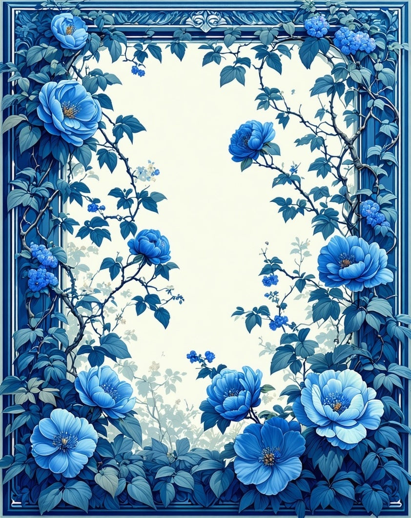 Ornate Blue Floral Vines Design Rug
