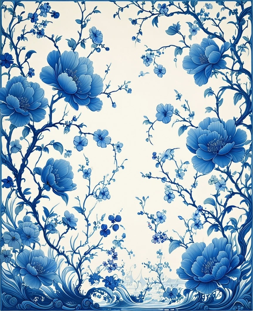 Blue Floral Branches And Leaves Design Rug