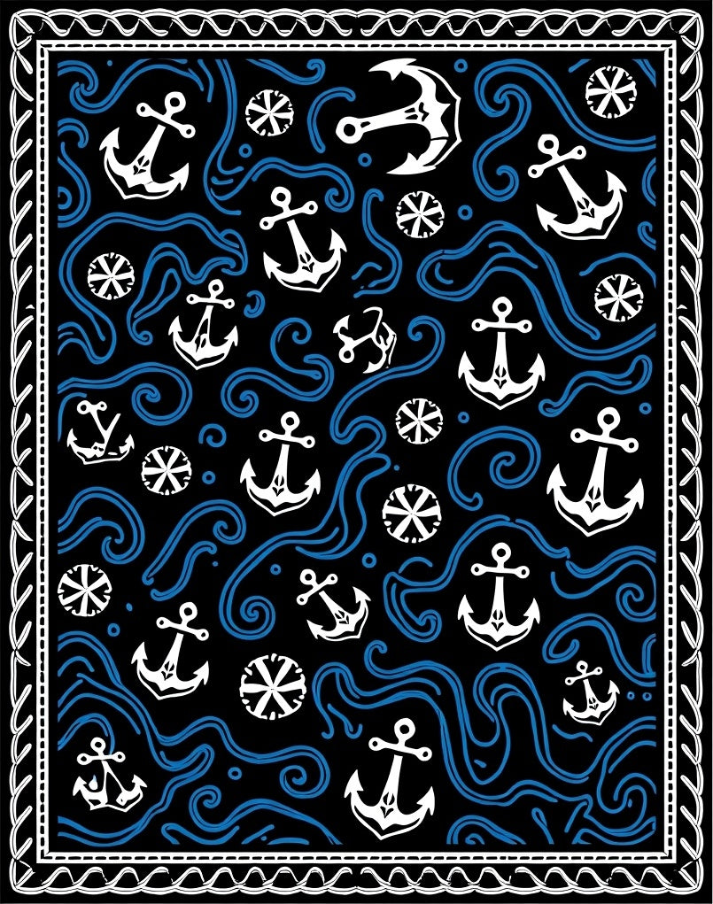Nautical Anchor Waves Black Blue Rug