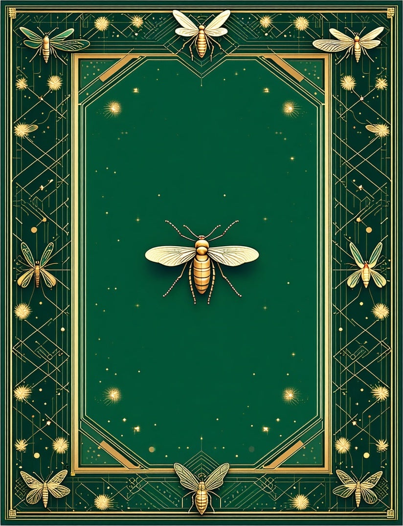 Opulent Green Gold Insect Pattern Rug