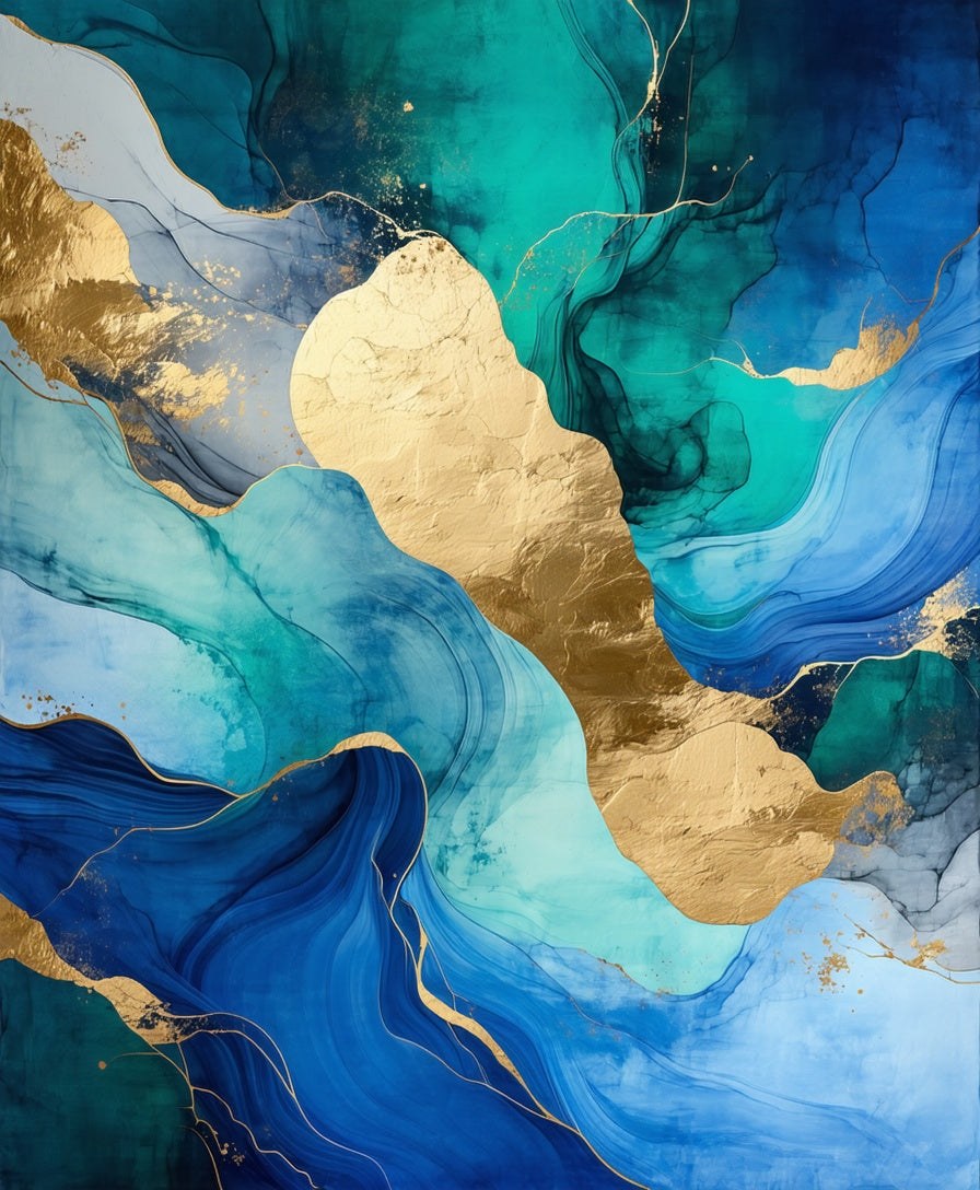 Abstract Blue Gold Fluid Waves Rug
