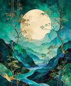 Emerald Gold Abstract Mountain River Scene Rug