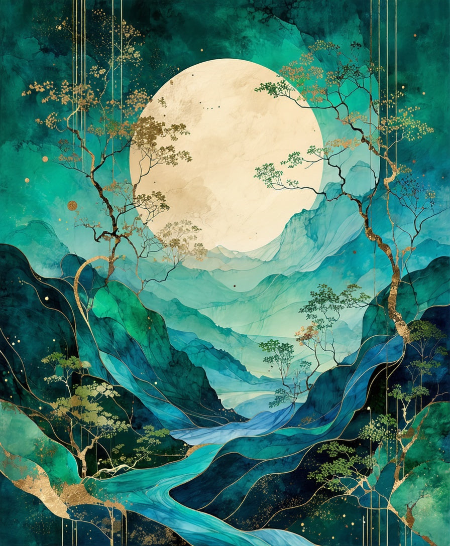 Emerald Gold Abstract Mountain River Scene Rug