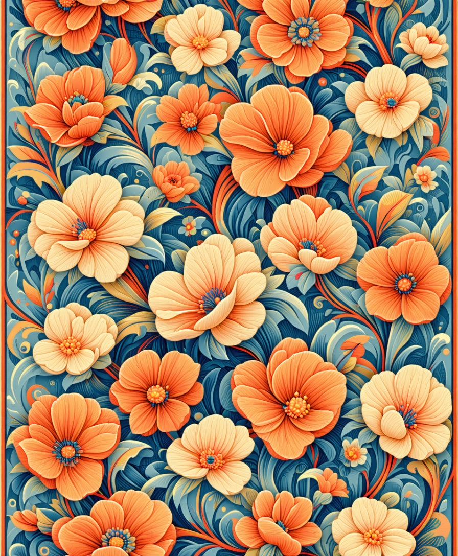 Vibrant Orange Peach Floral Pattern Rug