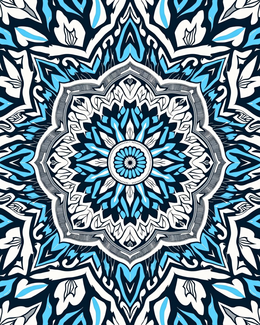 Intricate Blue White Floral Mandala Rug