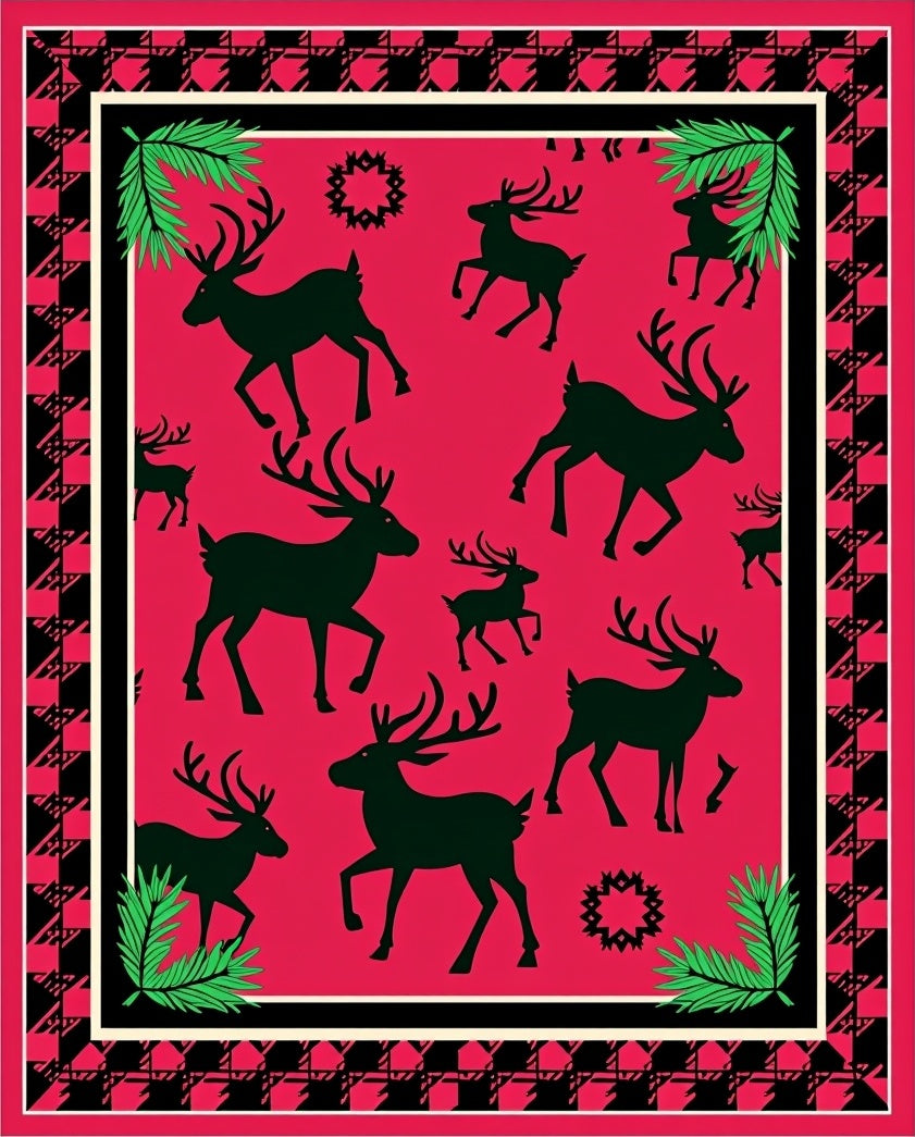 Crimson Reindeer Silhouette Pine Sprig Rug