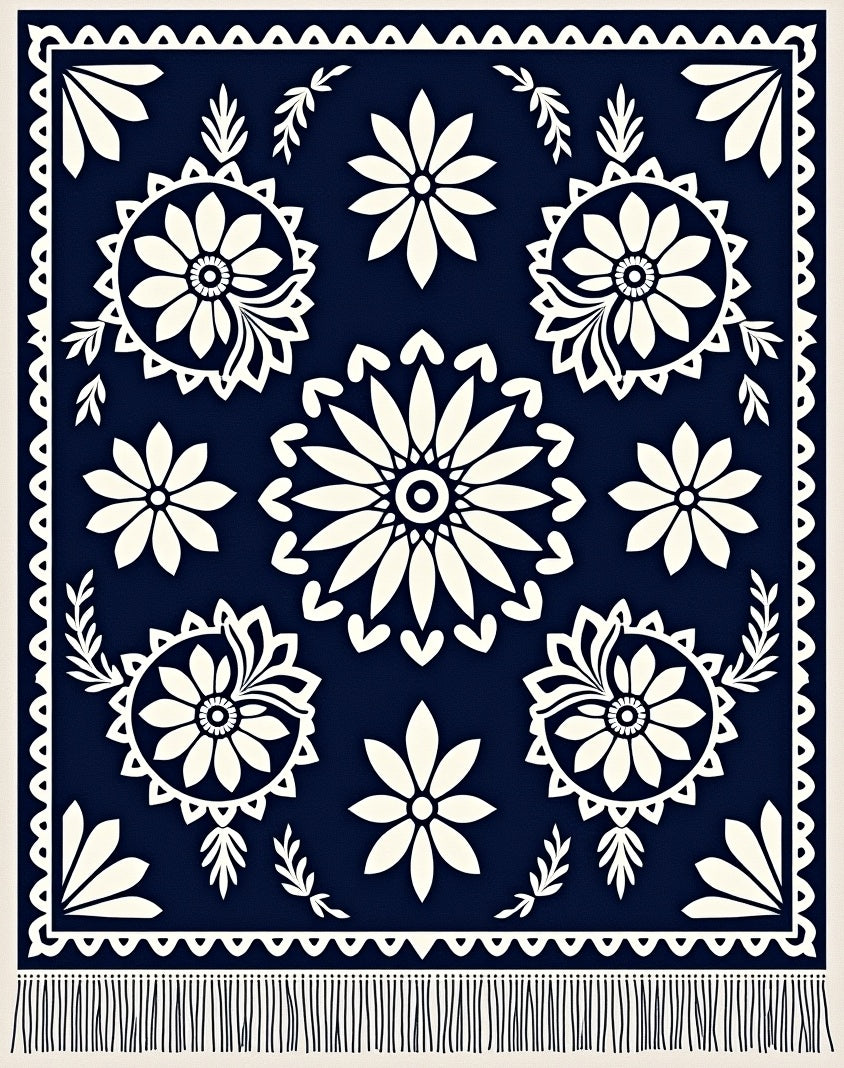 Navy Cream Floral Medallion Scatter Rug