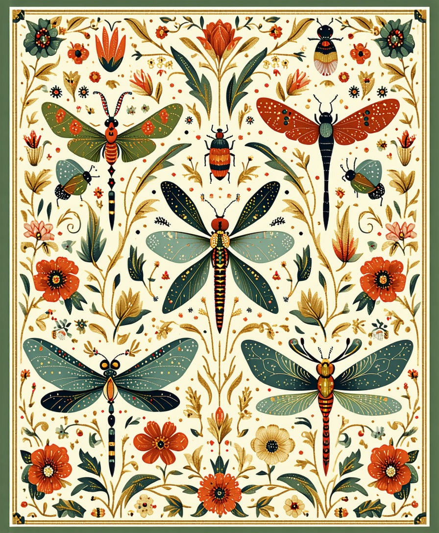 Insects Floral Motif Pattern Rug