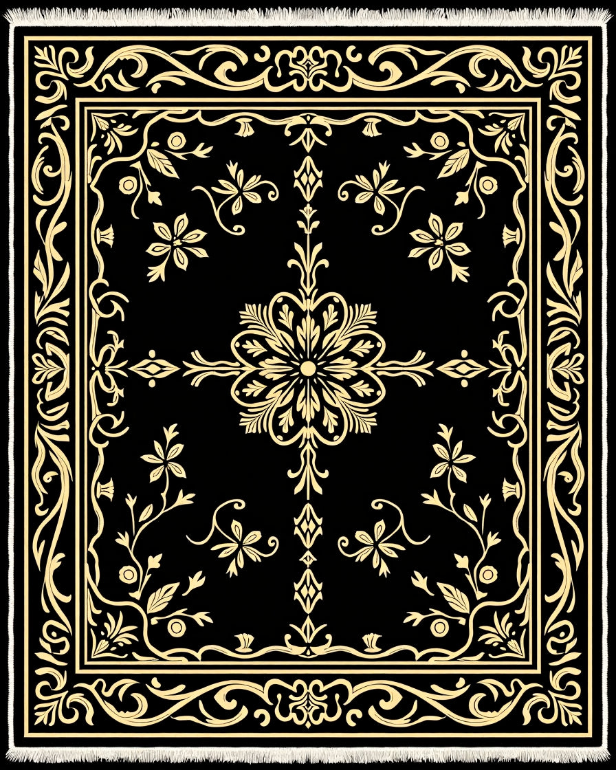 Black Gold Floral Vine Square Rug