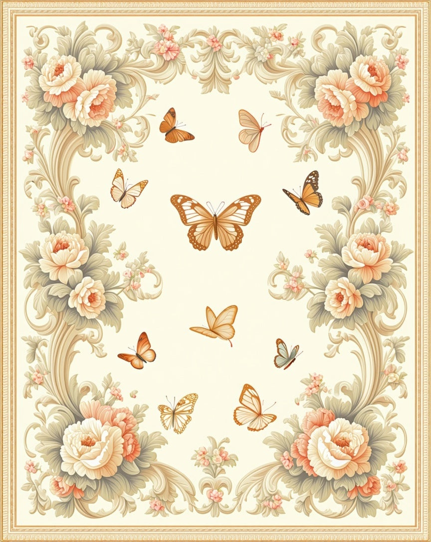 Floral Butterfly Scrollwork Pattern Rug