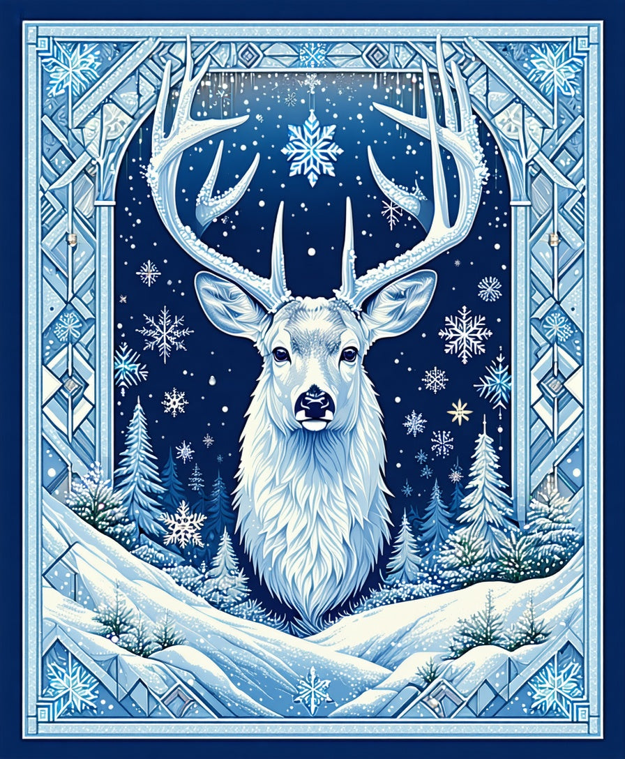Majestic Winter Deer Snowflake Motif Rug