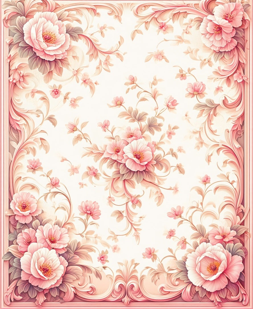 Pink Floral Scrollwork Patterned Rug