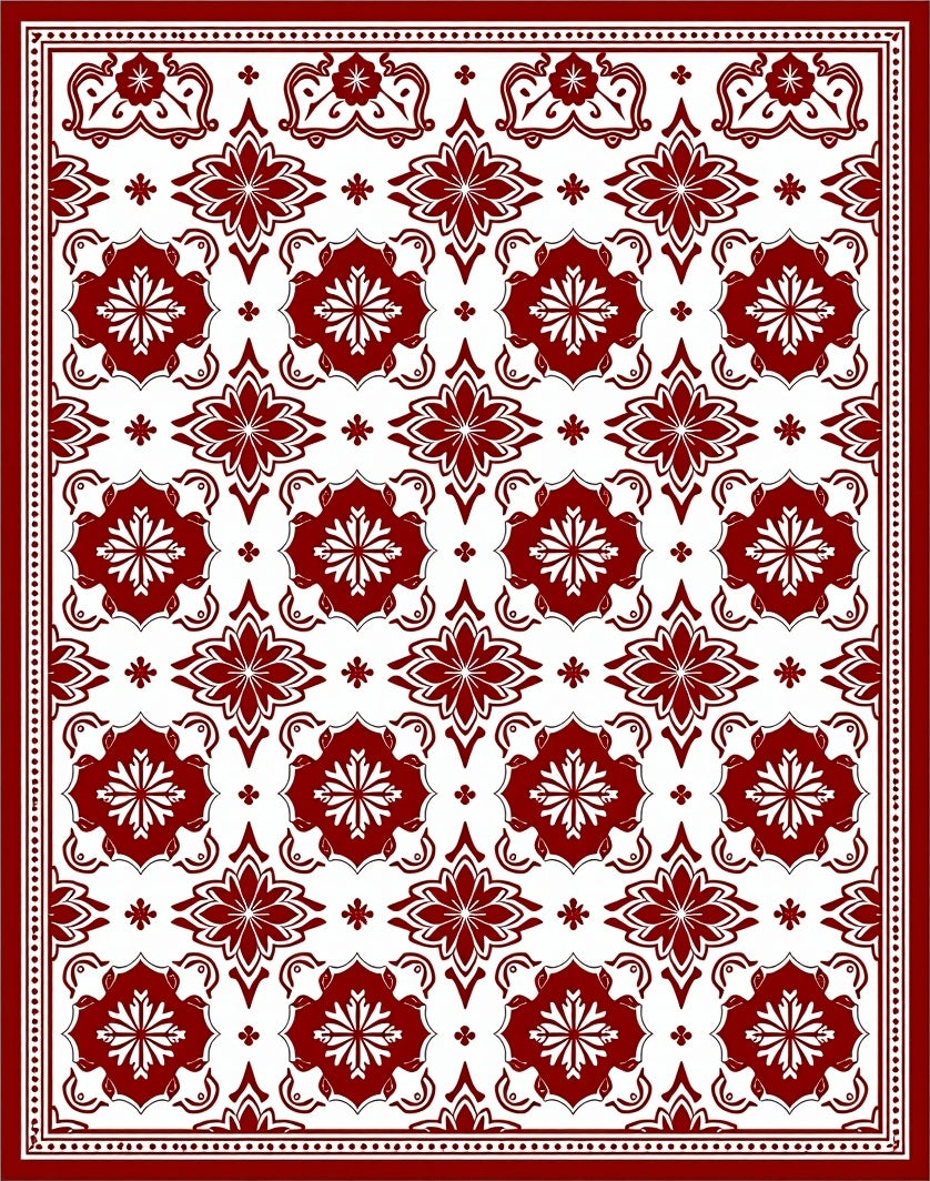 Deep Red Floral Damask Medallion Rug