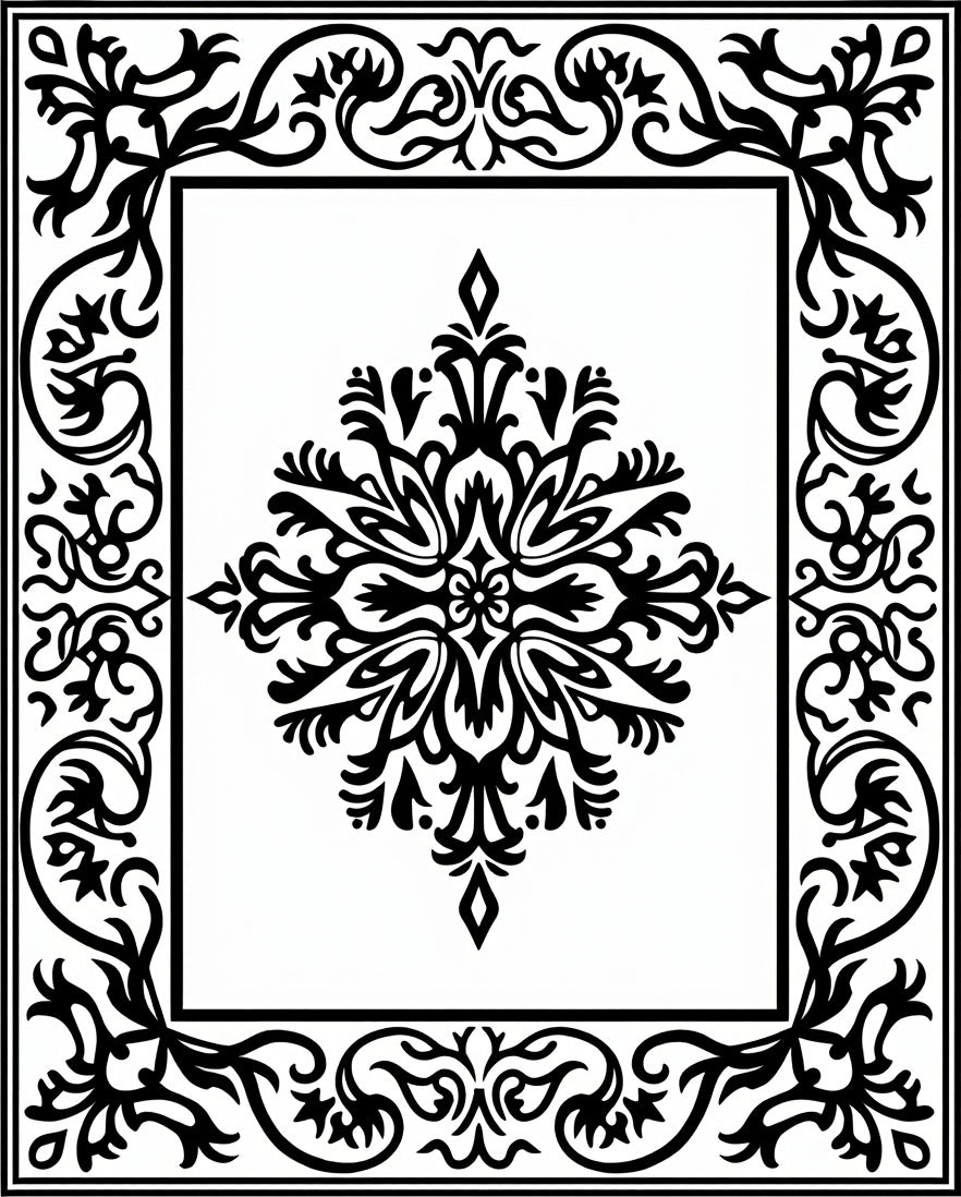 Intricate Floral Scrollwork Frame Design Rug